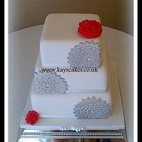 Fan/Lace Doily Design Wedding Cake Red and Silver Theme