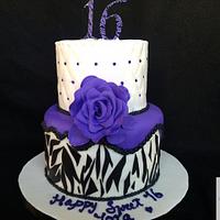 Sweet sixteen white, purple and black zebra print cake
