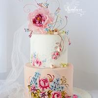 Hand Painted Cake with Wafer-Paper Flowers