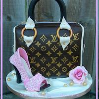 Louis Vuitton inspired Handbag cake with lace covered Sugar Shoe ~