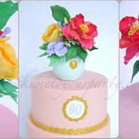90th Birthday cake- Sugar Vase and Flowers with gold accents.