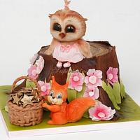 Little owl and squirrel celebrating birthday