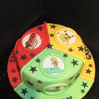 three themed cake for triple birthday 