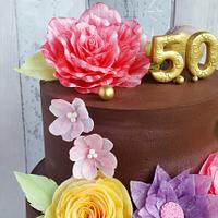 50th birthday cake with wafer paper flowers