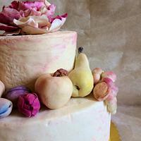 Cake with peony and fruits