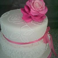 Pink Rose, Ruffles and Brush embroidery wedding cake