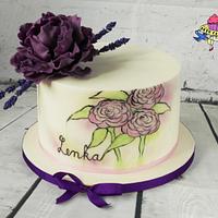 Violet cake with peony lavenders and painted flowers