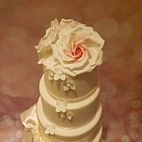 Elegant, simple roses, ribbon and tumbling hydrangeas wedding cake 