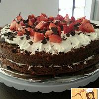 Chocolate cake with strawberry topping and whipped cream