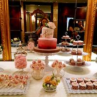 Pink Theme Wedding cake and candy corner