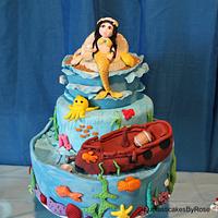 Under the sea mermaid and sunken pirate ship  cake