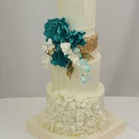 Teal White and Gold Cake
