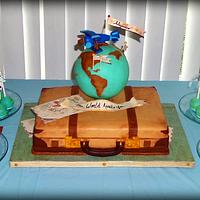 "The World Awaits You" vintage suitcase cake and globe cake pops