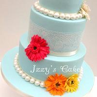 Duck-egg blue, gerberas and Sugarveil wedding cake!