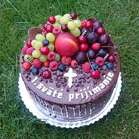 First holy communion chocolate cake with fresh fruits