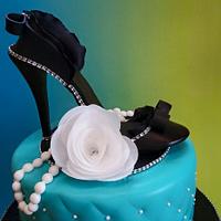 Blinged Out High Heel Shoe Cake With Pearls and wafer paper rose