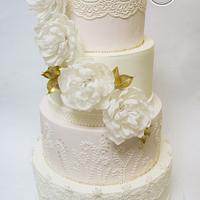 White peonies wedding cake