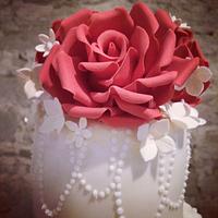 Vintage Red Rose and Monogram Wedding Cake 