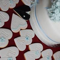 Light blue hydrangea cake and cookies