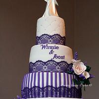 purple and white with lavendel and roses