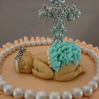 Baby Dedication Cake in Coral & Aqua