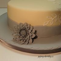 Ivory and Grey Wedding Cake with Royal Icing Lace and Sugar Flower