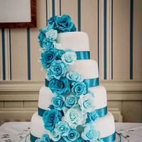Turquoise Rose Cascade Wedding Cake
