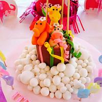 Pink Baby Shower Cake Cute Baby Animals in Hot Air Balloon 