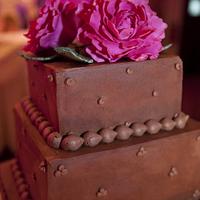 Chocolate wedding cake, hot pink peonies