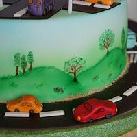 Cars cake & hand painted scenary