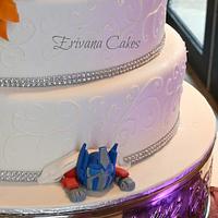 Wedding Cake with orange and purple gumpaste flowers