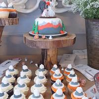 Mountain Themed Wedding Cake and Cupcakes