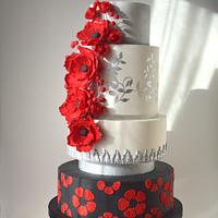 Red and silver wedding cake