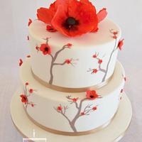 Wedding cake - hand painted - red flowers