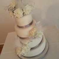4 Tier Silver and White Roses Wedding Cake