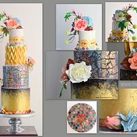 Gold cake with origami and flowers
