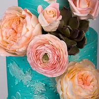 Spring is Here Wedding Cake , Teal and Coral