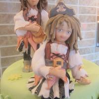 Pirate cake for twin girls - caricatures of the twins