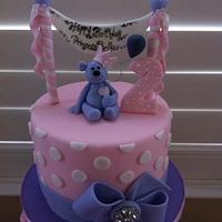 Pink and purple teddy bear cake