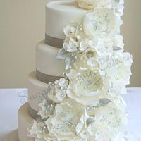 White and Silver Peony Cake