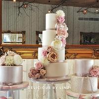 Vintage taupe, blush and nude wedding dessert table