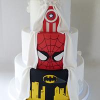 Double two sided Marvel Avengers wedding cake