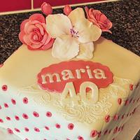 Roses, orchid and lace birthday cake