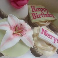 Pink white and Gooseberry coloured flower cupcakes