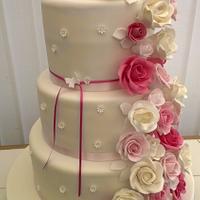 Shades of Pink Rose Cascade Wedding Cake