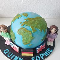 globe cake for 2 friends on their birthday