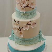 Teal and Cream with Lavender Blossoms