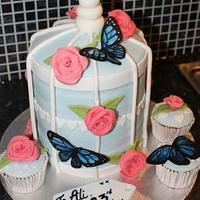 Vintage Birdcage Cake  and cupcakes with hand cut and hand painted Butterflies
