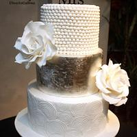 Silver Leaf, Swirls, Pearls & Giant White Roses