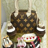 Handbag Cake with Mini handbags cupcakes & mini heels